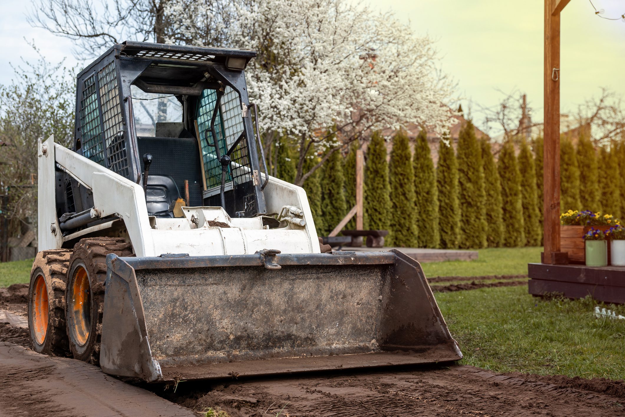 Skid steer loader on dirt path