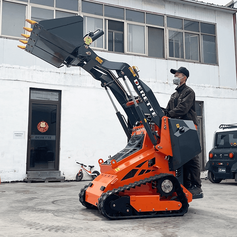Compact orange skid steer with operator